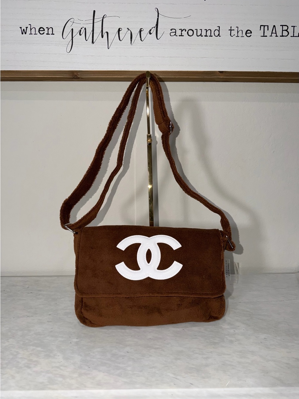 Brown Suede Shoulder Bag with White Logo Accent
